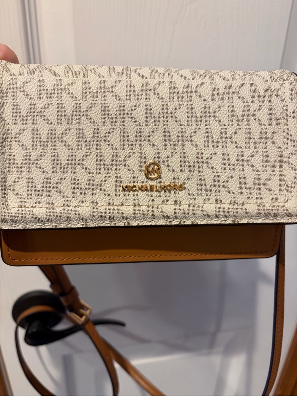 Michael Kors Cream Signature Crossbody with Tan Trim and Gold Hardware